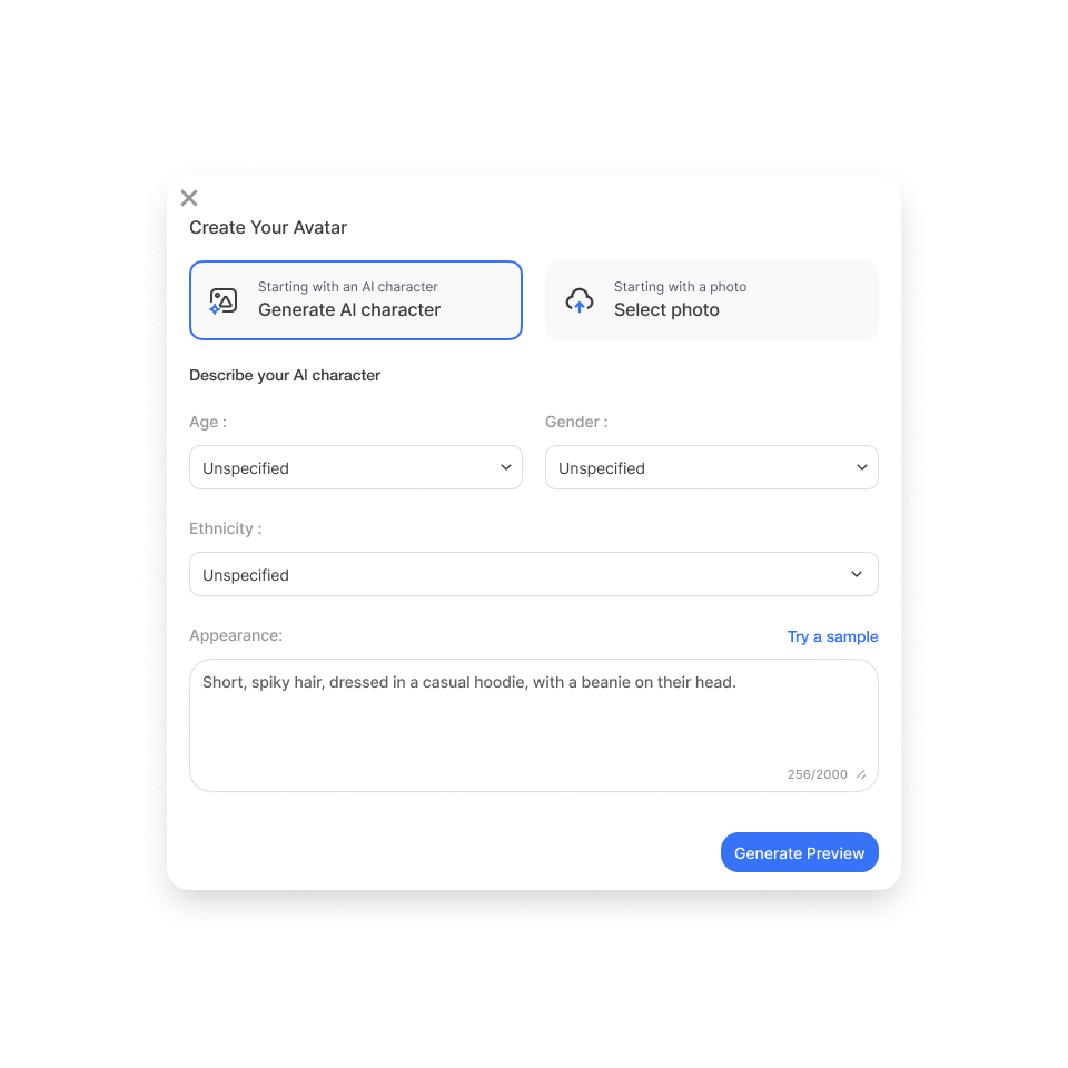photo to AI Avatar video – generate a preview to see your avatar in action before saving